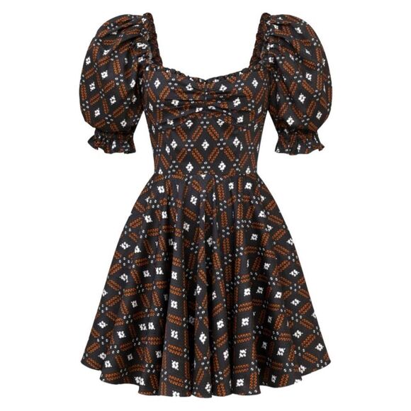 Autumn Adeigbo Camille Dress Lace‎ Up Back Puff Sleeve  Geometric Print Size 14 - Picture 1 of 15